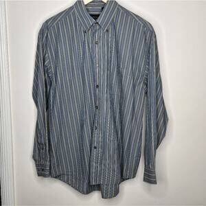 VAN HEUSEN Men's Green & Blue Striped Button Front Shirt Size Medium Neck 15-15½